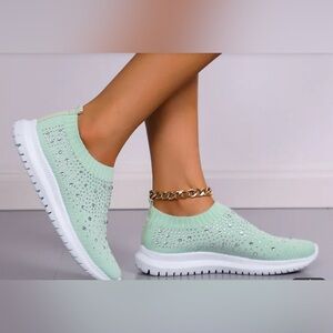 🌸. #4005-44.  Mint Green Rhinestone Slip-On Sneakers